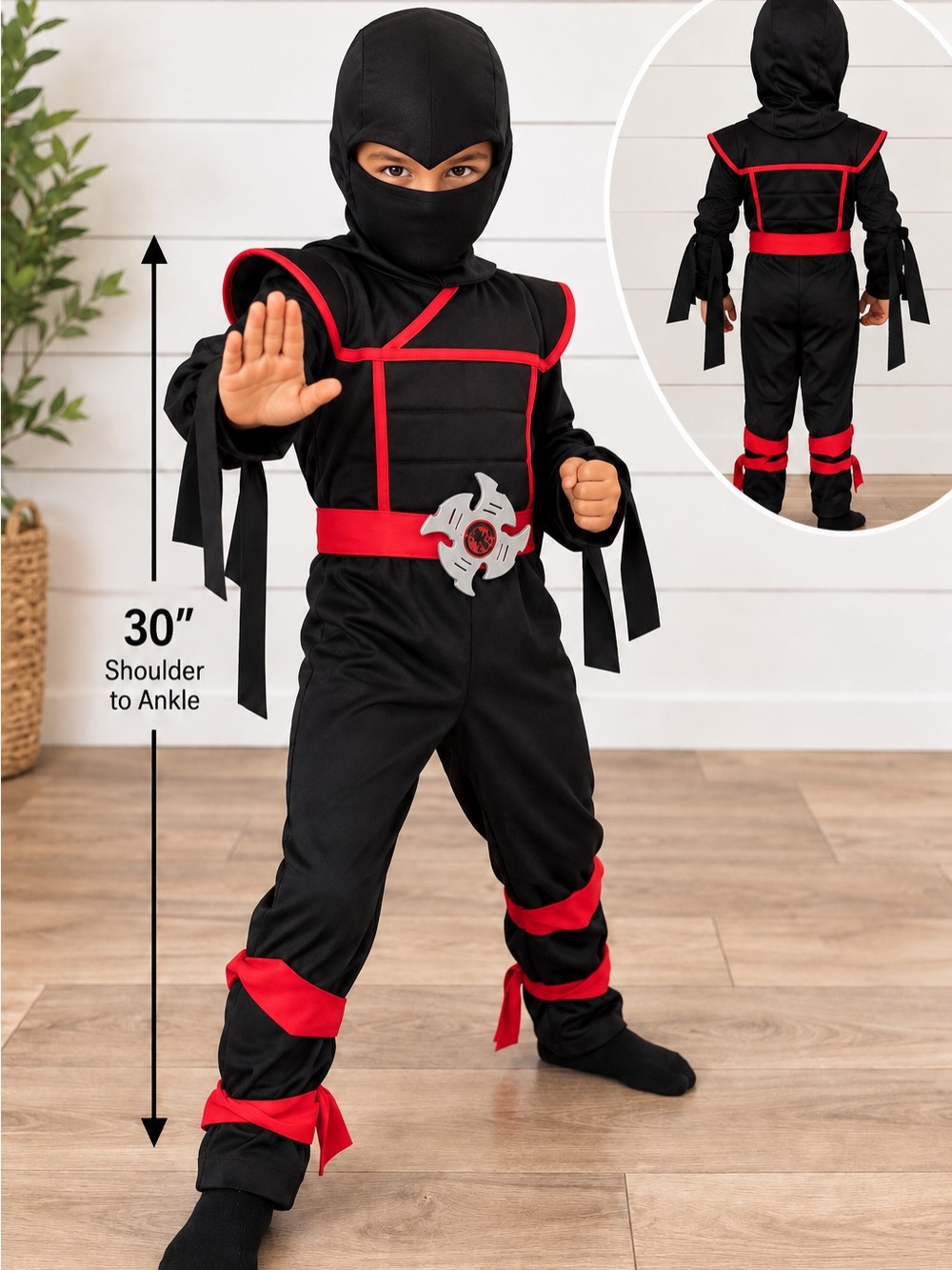 🥷 Kids Black & Red Ninja Halloween Costume Hood Belt 4-6 years